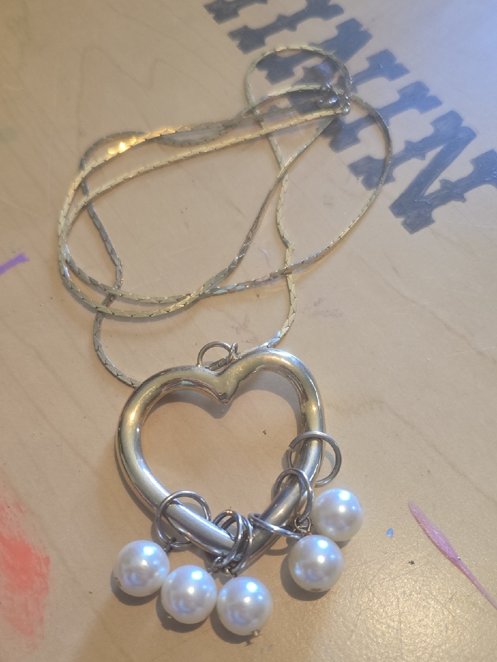 Silver Heart Pendant Necklace with White Pearl Charms